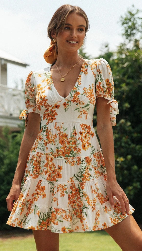 Orange Floral Flare Dress