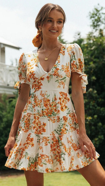 Orange Floral Flare Dress
