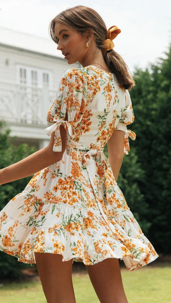 Orange Floral Flare Dress