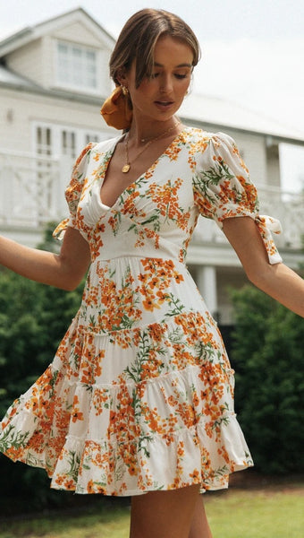 Orange Floral Flare Dress