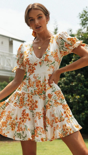 Orange Floral Flare Dress