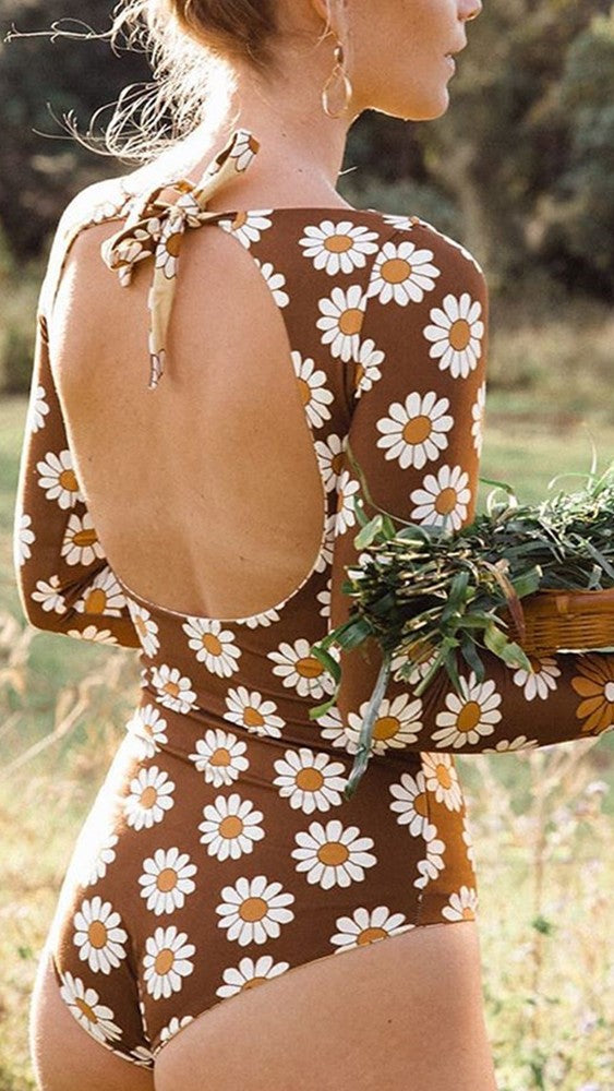 Sunflower Print Backless Surf Swimsuit