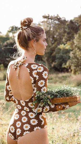Sunflower Print Backless Surf Swimsuit