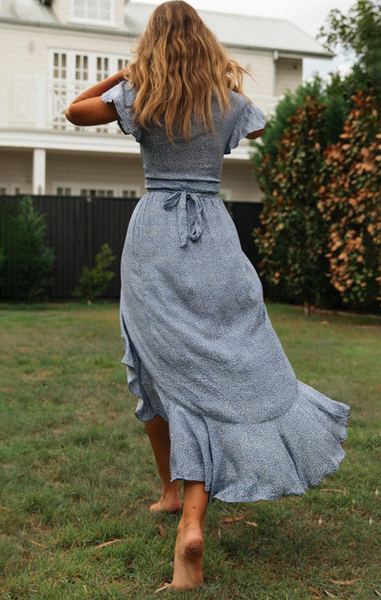 Blue Floral Waist-Tie Surplice Hi-Lo Dress