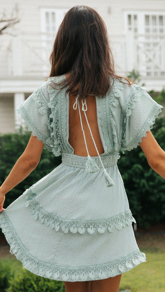 Green Crochet Lace Backless Dress