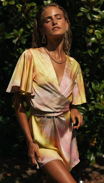 Marbled Tie Dye Wrap Romper Yellow/Pink