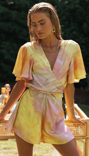 Marbled Tie Dye Wrap Romper Yellow/Pink