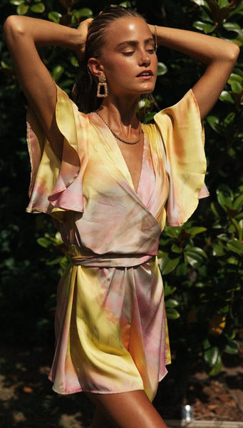 Marbled Tie Dye Wrap Romper Yellow/Pink