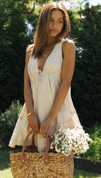 Beige Plunging Neck Sleeveless Dress