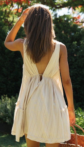 Beige Plunging Neck Sleeveless Dress