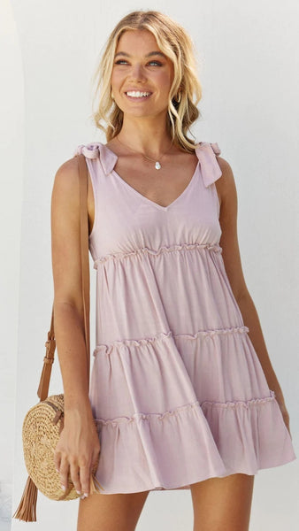 Blush Pink Shoulder Tie Tiered Mini Dress
