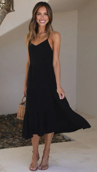 Black Slip Tiered Midi Dress