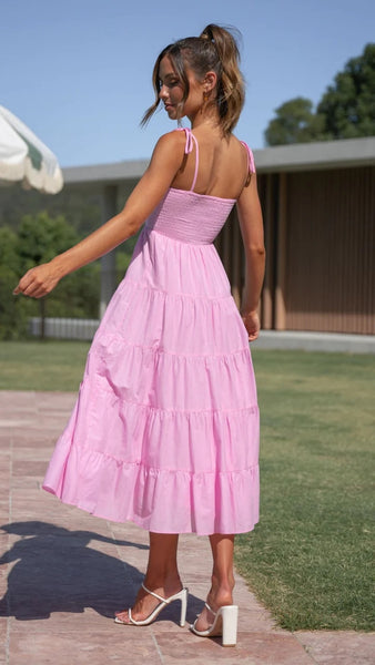 Pink Shoulder Tie Tiered Midi Dress