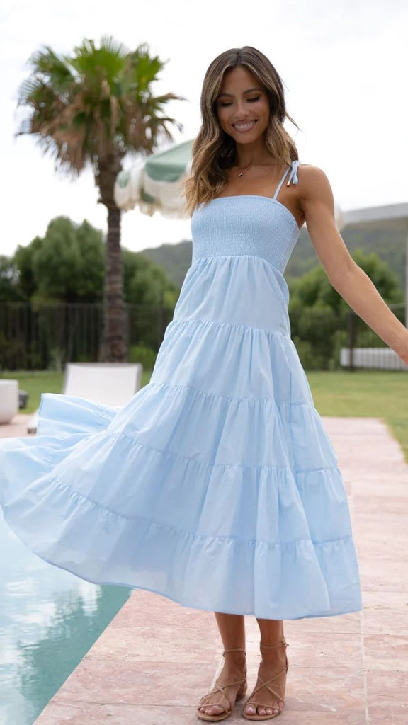 Blue Shoulder Tie Tiered Midi Dress