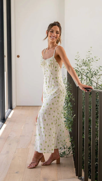 Light Green Floral Slip Midi Dress