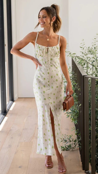 Light Green Floral Slip Midi Dress