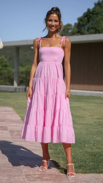 Pink Shoulder Tie Tiered Midi Dress