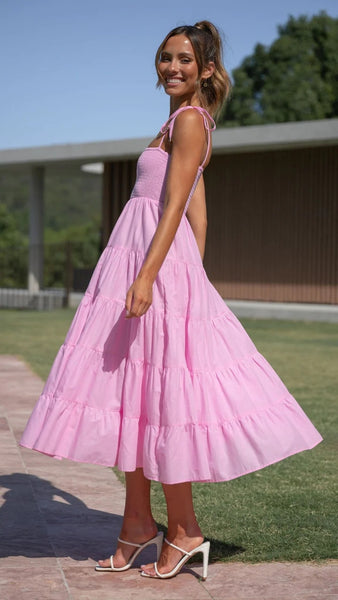 Pink Shoulder Tie Tiered Midi Dress