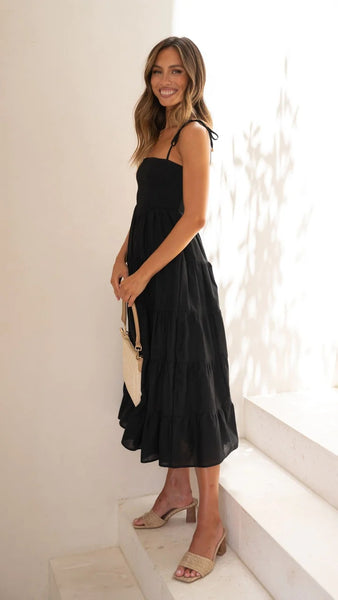 Black Shoulder Tie Tiered Midi Dress