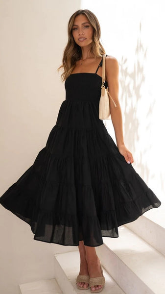 Black Shoulder Tie Tiered Midi Dress
