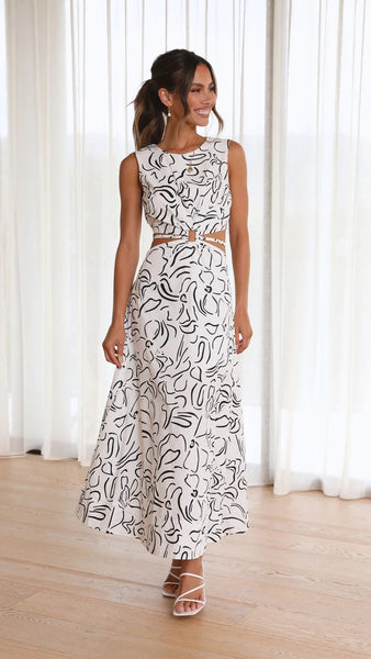 White Abstract Pattern Midi Dress