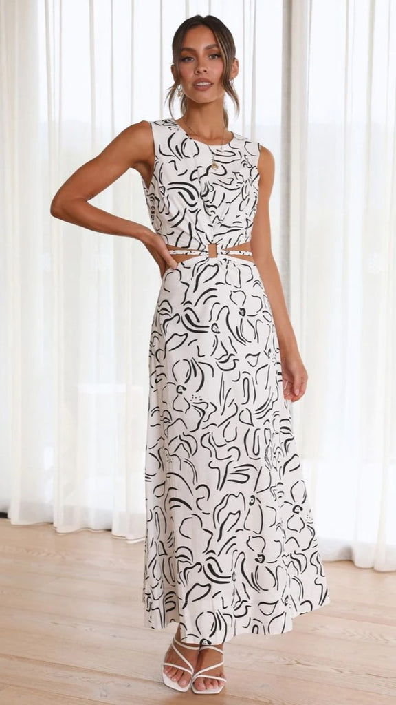 White Abstract Pattern Midi Dress