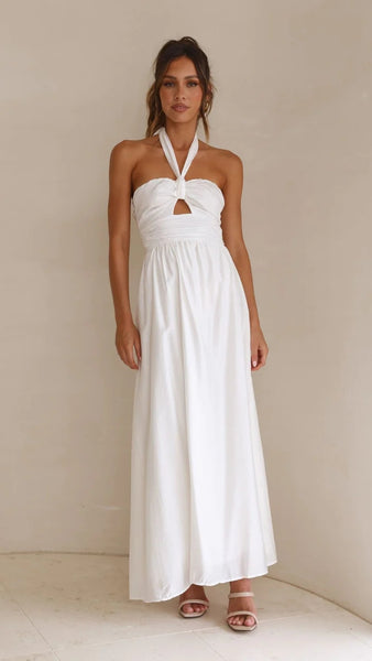 White Solid Halter Maxi Dress