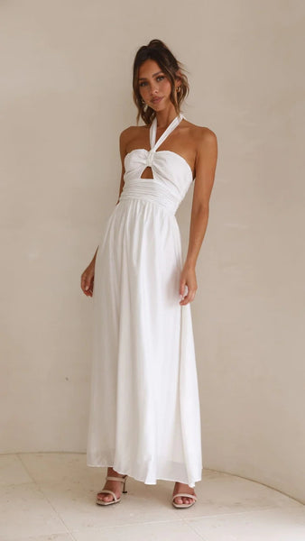 White Solid Halter Maxi Dress