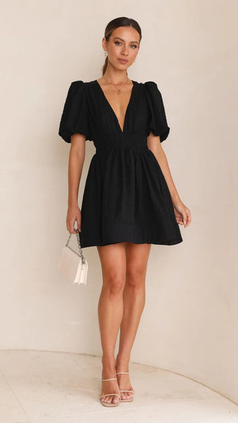 Black Plunging V Neck Mini Dress