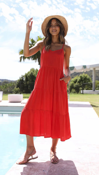 Red Slip Tiered Midi Dress