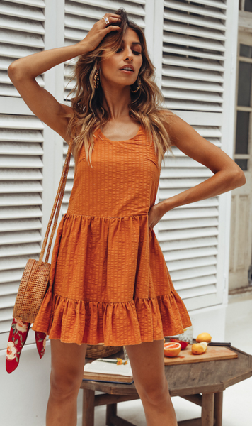 Orange Sleeveless Pleated Shift Dress