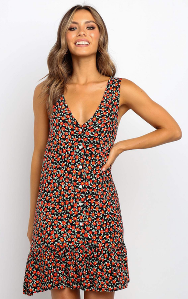 Black Garden Floral Button Down Dress