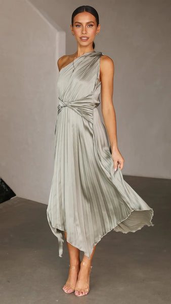 Olive Green One Shoulder Midi Dress