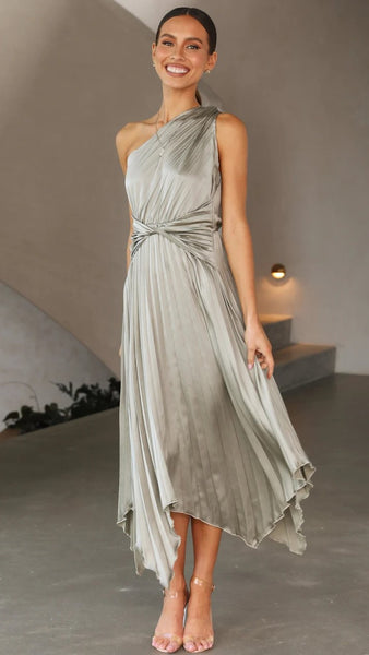 Olive Green One Shoulder Midi Dress