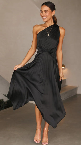 Black One Shoulder Midi Dress