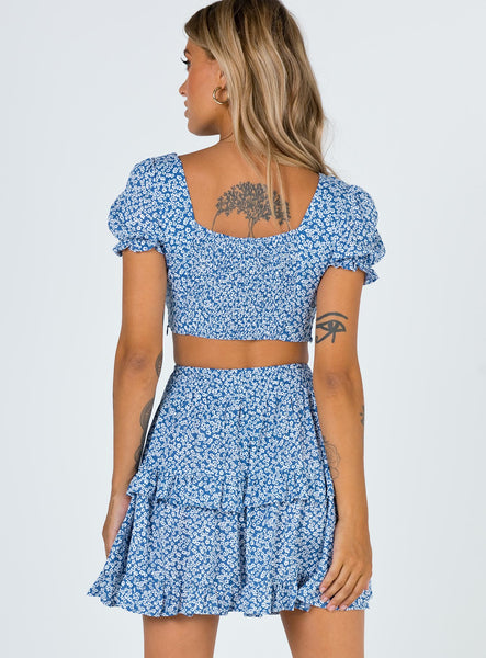 Navy Floral Crop Top and Skirt Sets