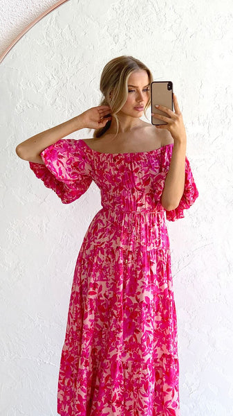 Hot Pink Flora Off Shoulder Midi Dress