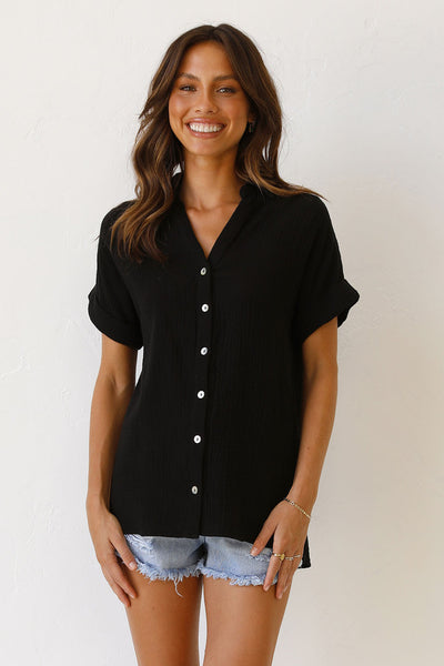 Black Button Down Short Sleeves Tee