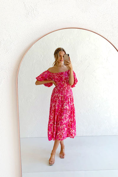 Hot Pink Flora Off Shoulder Midi Dress