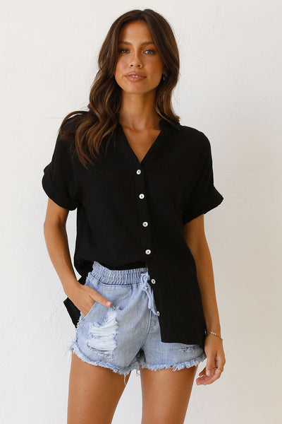 Black Button Down Short Sleeves Tee