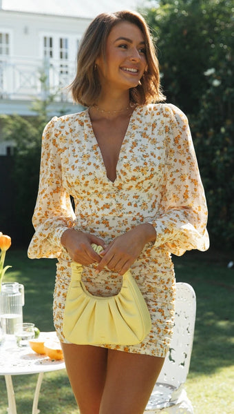 Orange Floral Long Sleeves Bodycon Dress