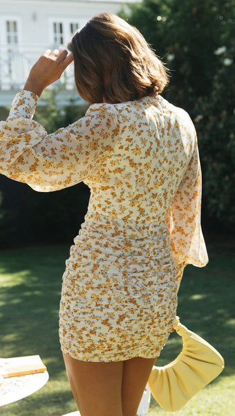 Orange Floral Long Sleeves Bodycon Dress