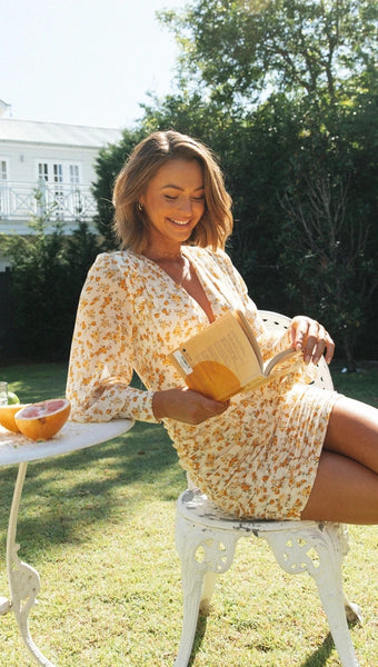 Orange Floral Long Sleeves Bodycon Dress