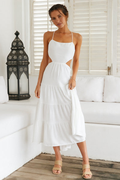 White Open Back Midi Dress