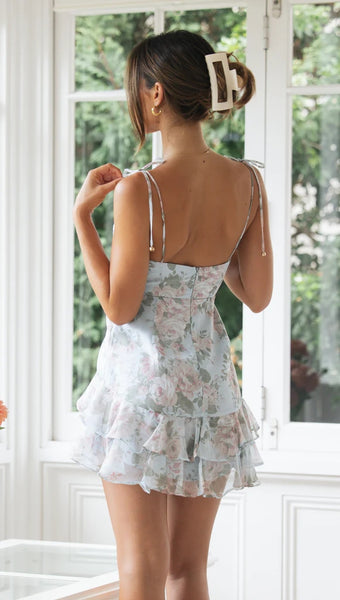 Blue Floral Shoulder Tie Mini Dress
