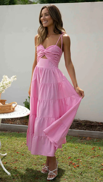 Pink Front Twist Slip Midi Dress