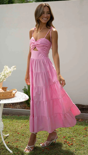 Pink Front Twist Slip Midi Dress