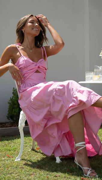 Pink Front Twist Slip Midi Dress
