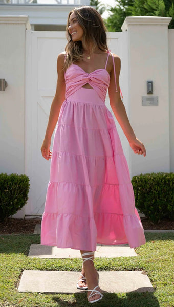 Pink Front Twist Slip Midi Dress