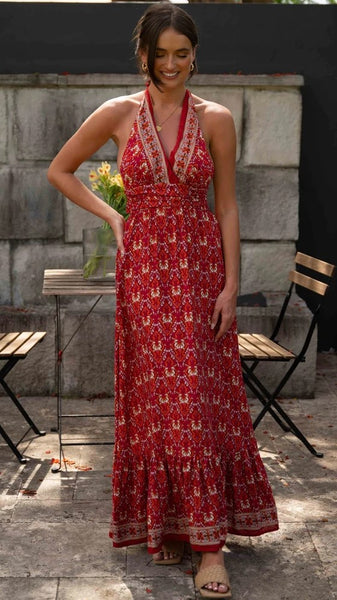 Boho Burgundy Floral Halter Maxi Dress